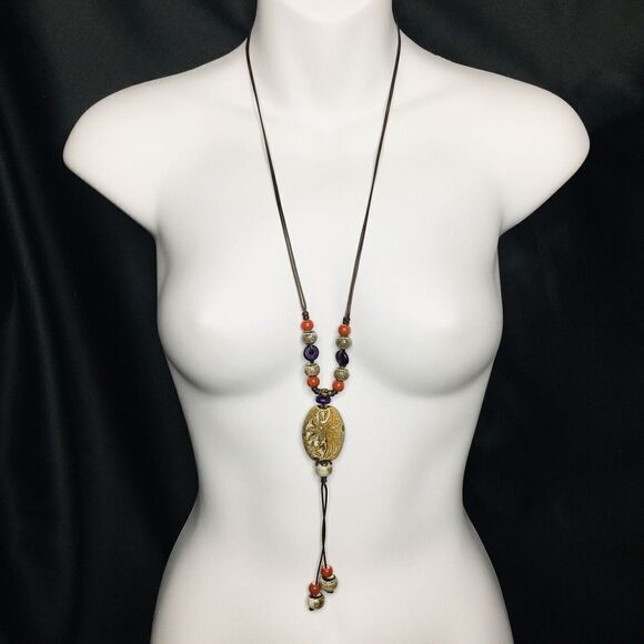 Tribal Boho Necklace Ceramic South West Leather Cord Red Blue Brown ooak 4419 - Picture 2 of 9